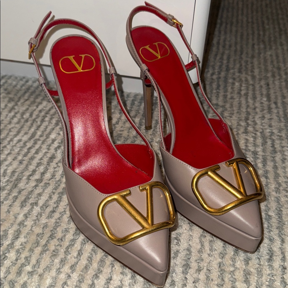 Authentic Valentino Taupe and Crimson Heels with Gold Emblem